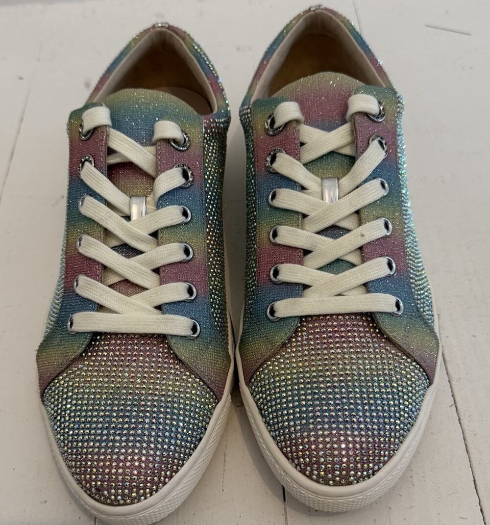 Badgley Mischka Rainbow Rhinestone Crystal Metallic Fun Lace Up Sneakers Sz 9.5
